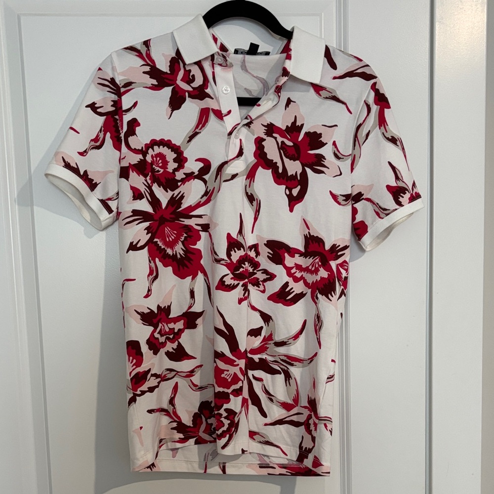 Express Red and White Floral Polo Shirt